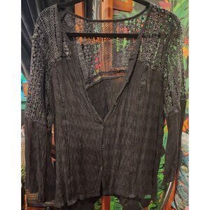 NEW Boho Black Lace Button-Up TUNIC TOP  Crochet Details Womens XL
